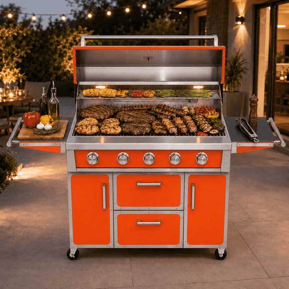 49'' Propane Gas Grill, Deluxe 99,000 BTU 4-Burner Stainless Steel BBQ Grill with Infrared Burner, Side Shelves, Lockable Casters, and Pull-Out Grease Tray for Outdoor Patio and Backyard