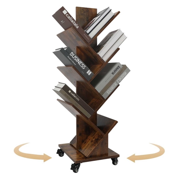 14-Tier Tree Rotating Bookshelf, 360 Degree Spinning Wood Corner Book shelf with Wheels, Space-Saving Bookcase for Small Spaces, Bedroom Living Room Home Office, Rustic Brown