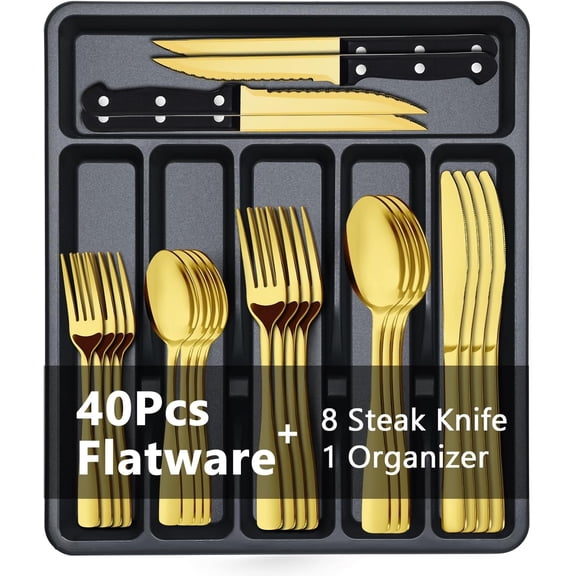 49-  Silverware Set with Organizer - Stainless Steel Silverware Set for 8 with Drawer Organizer, Mirror Polished Flatware Set for  and Restaurant, Dishwasher Safe