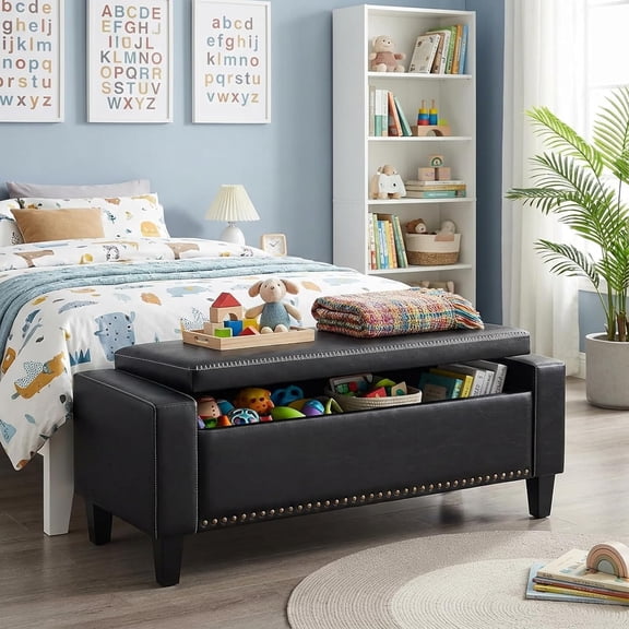 49''W Storage Ottoman Bench, 30 Gallons End of Bed Bench, Faux Leather, Mid Century Modern, Upholstered Bench with Storage and Seat for Entryway, Living Room, Holds up to 350 lb, Black