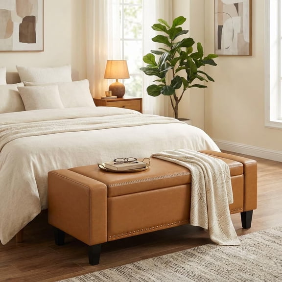 49''W Storage Ottoman Bench, 30 Gallons End of Bed Bench, Faux Leather, Mid Century Modern, Upholstered Bench with Storage and Seat for Entryway, Living Room, Holds up to 350 lb, Brown