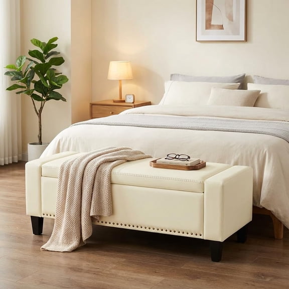 49''W Storage Ottoman Bench, 30 Gallons End of Bed Bench, Faux Leather, Mid Century Modern, Upholstered Bench with Storage and Seat for Entryway, Living Room, Holds up to 350 lb, White