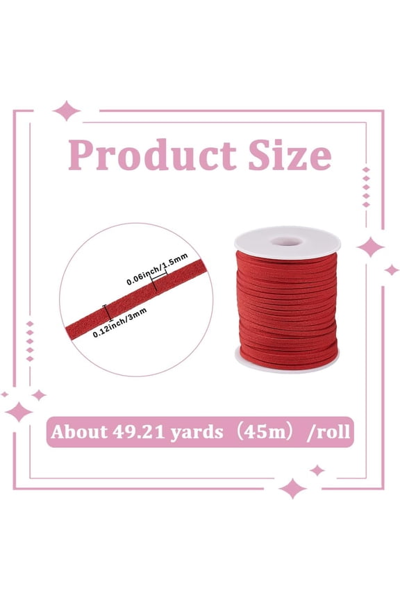 49 Yards/45M Red Faux Suede Cord 3mm Faux Leather Cord Flat Thin Imitation Suede Leather Vegan Ribbon Line String Rope for Jewelry Making Women Wedding Gifts Wrapping Bracelets Crafts DIY
