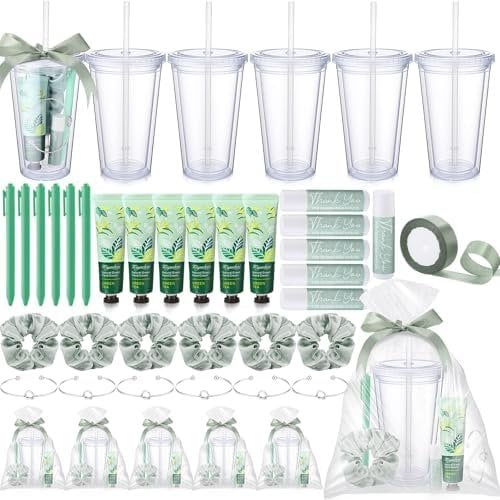 49 count 6 Set Shower Prizes for Winners Including Plastic Cups Pens Bracelets Lipstick Hand Hair Bands for Shower Wedding Bridal Prize Party Favors