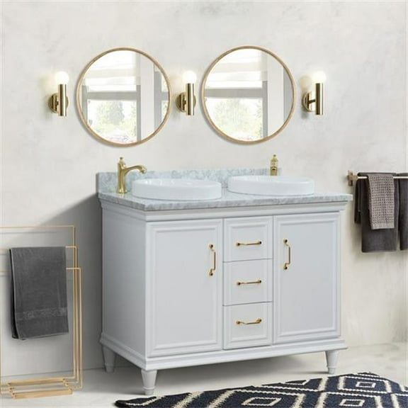 49 in. Double Round Sink Vanity with Carrara Marble Top, White