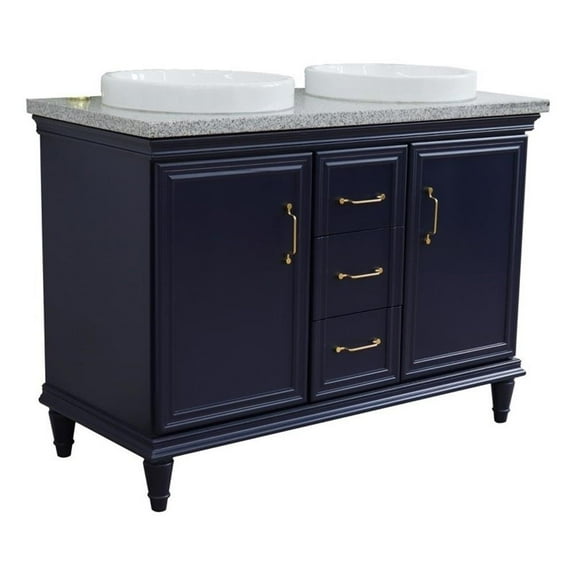 49 in. Double Wooden Vanity Blue with Gray Granite Round Sink