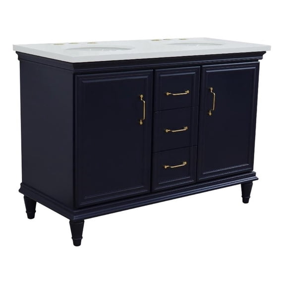 49 in. Double Wooden Vanity Blue with White Quartz Oval Sink