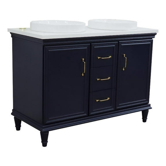 49 in. Double Wooden Vanity Blue with White Quartz Round Sink