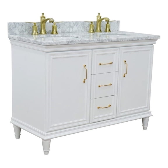49 in. Double Wooden Vanity White with White Carrara Oval Sink