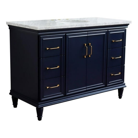 49 in. Single Wooden Vanity Blue with White Carrara Marble Oval Sink