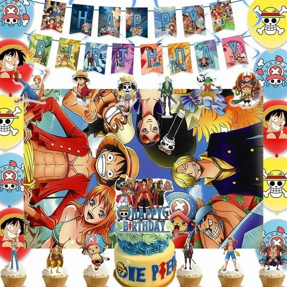 49 pieces of cartoon One Piece anime themed party supplies, including banners, spiral hangings, balloons, cake toppers and backdrops. Suitable birthday party decorations for boys and girls.