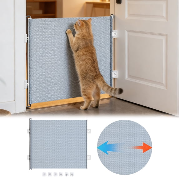 49 x 16 Inches Large Retractable Puppy Cat Gate for Doorway No Drilling Screen Puppy Cat Mesh Gate With 3 Hooks And 3 Locator Easy Installation For Indoor Home Staircase Hallway Terrace Porch - Grey