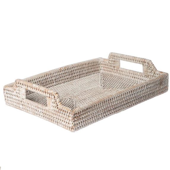 Handmade Rustic Rattan Serving Tray with Sturdy Handles - Boho Style Decorative Tabletop Tray for Home and Farmhouse