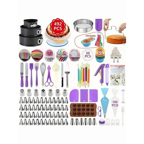 492 Pcs Cake Decorating Kit With Baking Supplies- Cake Turntable For Decorating With Baking Pans, Leveler, 48 Numbered Piping Tips, 2 Spatulas,Cream Decoration Tips, Decorative Bags & More