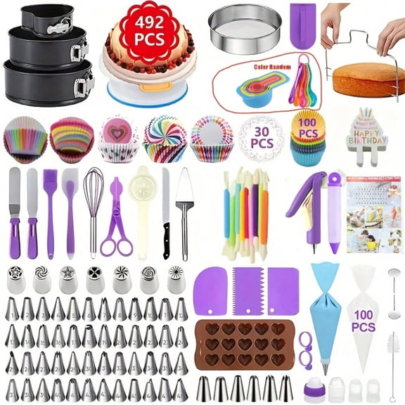 492 Pcs Cake Decorating Kit with Cake Turntable, Baking Pans & Leveler, 48 Numbered Piping Tips, Spatulas, Cream Decoration Tips, Decorative Bags – All-in-One Baking Supplies
