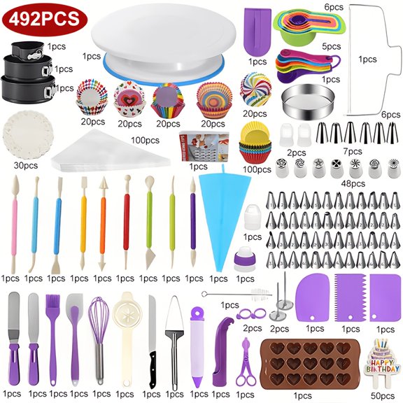 492 Piece Professional Cake Decorating Kit with Turntable and Reusable Piping Bags