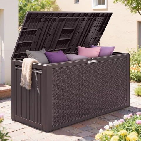 Seizeen Deck Box, Outdoor Storage Box Waterproof, Plastic Storage Bench for Porch Paito, 90Gal Large Resin Patio Storage for Pillows Cushions Garden Tools, Red Brown