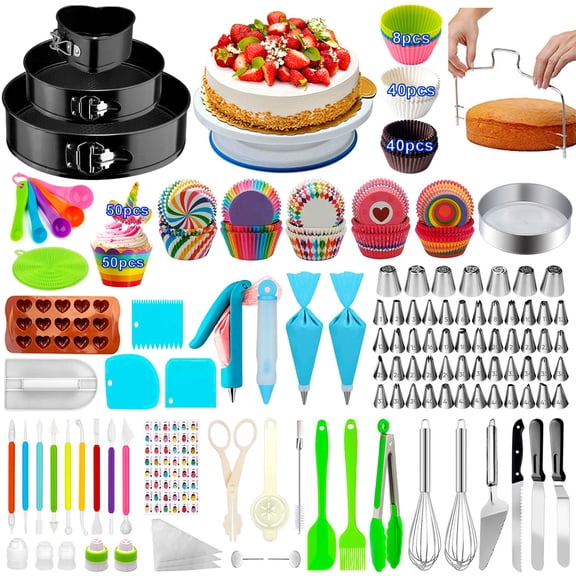 493 Piece Cake Decorating Baking Kit with 3 Springform Pans, Rotating Turntable and Piping Tips