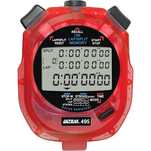 495 Stopwatch – Red Professional 100-Lap Digital Timer, Countdown Interval Tracker, Water-Resistant Sports Watch, Chronograph for Coaching & Training
