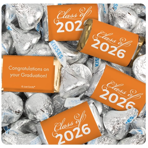 496 Pcs Graduation Class of 2026 Orange Wrapped Miniatures and Silver Kisses Candy Mix (6 lbs)