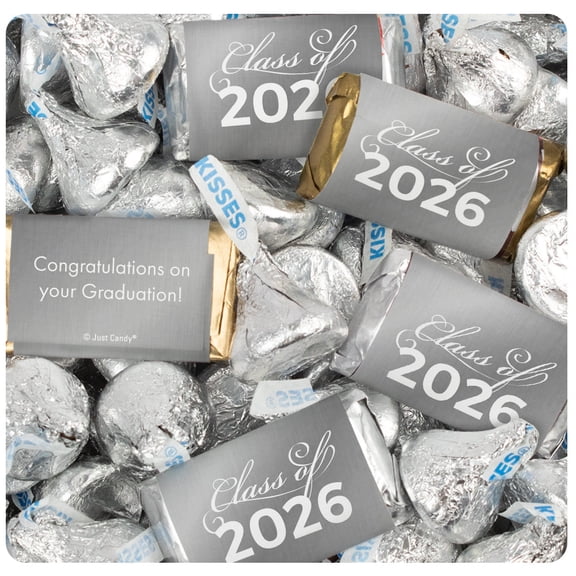 496 Pcs Graduation Class of 2026 Silver Wrapped Miniatures and Silver Kisses Candy Mix (6 lbs)