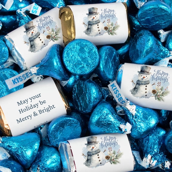 496 Pcs Happy Holidays Party Chocolate Candy Mix Assorted Miniatures & Blue Foiled Chocolate Kisses - Snowman (6.1lb)