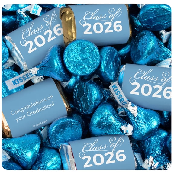 496 Pcs Light Blue Graduation Candy Mix - Class of 2026 Wrapped Miniatures & Kisses (6 lbs)
