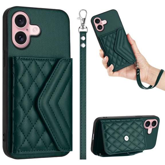 Case for iPhone SE 2020 Quilted phone case with a card slot and detachable wristband for protecting wallet.