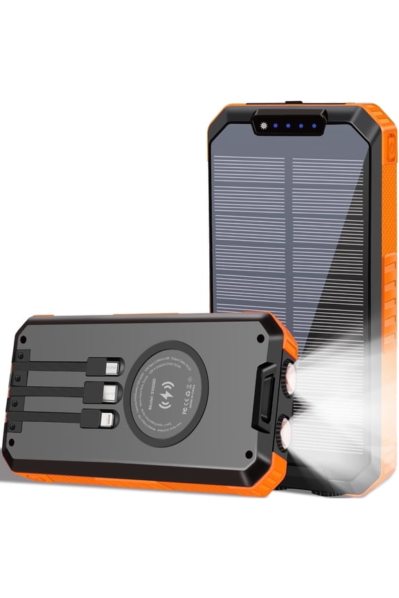 49800mAh Solar Power Bank Portable Solar Charger Built in 3 Cables and 5W Wireless Charger Power Bank,Built-in Super Bright Flashlight,Battery Pack Suitable for Outdoor Camping Hiking(Orange﻿)