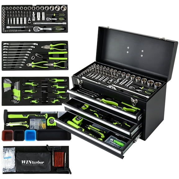 499-Piece Tool Box with Tools, 3-Drawer Heavy Duty Metal Mechanics Tool Set for Auto Repair & Home Maintenance