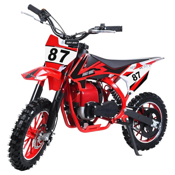 49CC 2-Stroke Gas Powered Kids Gas Dirt Bike, Dual Disc Brakes, Front & Rear Shock, 10" Off-Road Tires, 22 MPH Top Speed, 132 LBS Max Load, Mini Dirtbike for Kids 8-14, Red