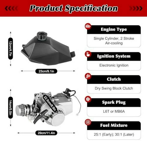 49CC 2 Stroke Mini Bike Engine Single Cylinder Pull Start Mini Engine Motor Kit Air Cooled Engine for Pocket Bike, Mini Dirt Bike, ATV, Scooter, Most Mini Dirt Bikes