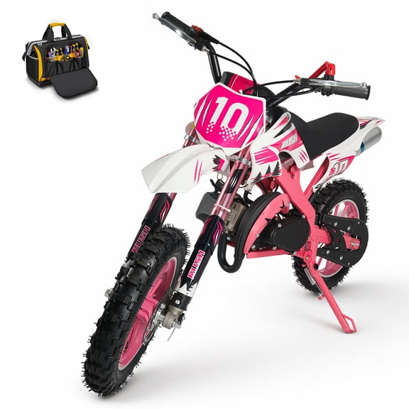 49CC 2-Stroke Kids Dirt Bike, 25MPH Pull Start Mini Motorcycle with Emergency Stop & Disc Brake, 200LBS Load, Retro Off-Road Bike for Youth,Pink
