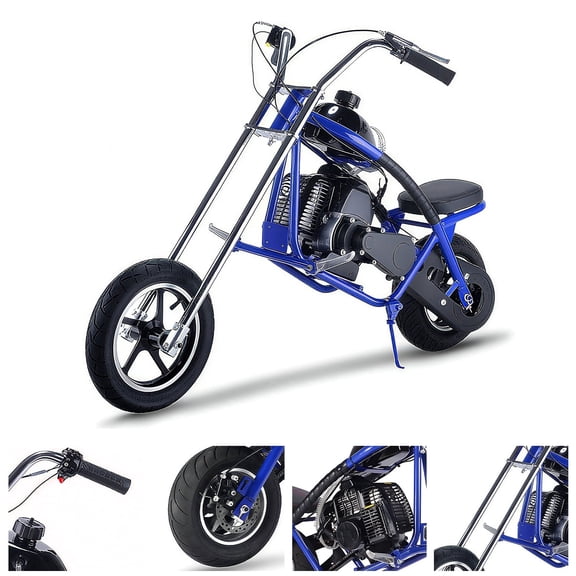 49CC Dirt Bike, 2-Stroke Dirt Mini Bike, with a load capacity of 150 lbs, equipped with a twist-grip throttle, rear disc brake system, dual-size tires, designed for outdoor off-road use, blue