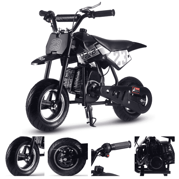 49CC Dirt Bike, a 2-stroke mini bike with a 25 mph top speed and pull-start engine. Supports 120+ lbs, includes tools and manual. Dimensions: 38x22x27 inches.