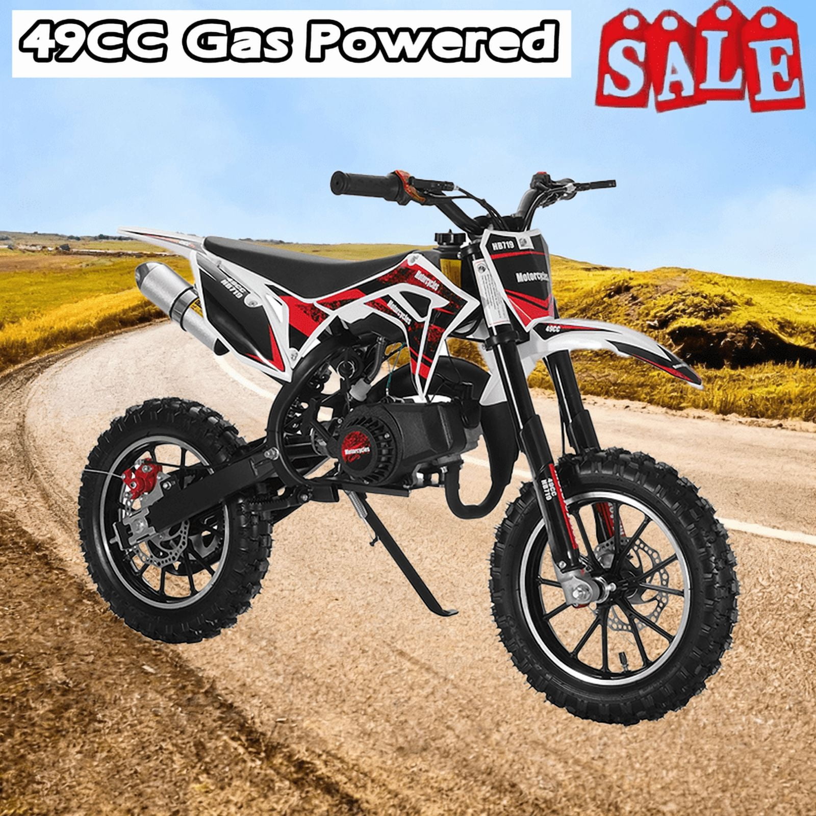 49CC Mini Dirt Bike for Adults and Children, 2-Stroke Gas Assisted Motorcycle with Front and Rear Disc Brakes Shock Absorbing Pocket Motorcycle 25 Mph Load 220 LBS
