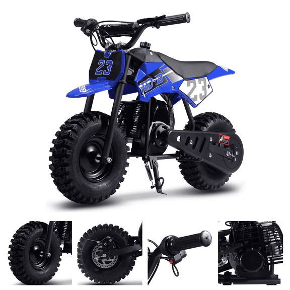 49CC dirt bike, 2-stroke mini bike features wide off-road tires, a disc brake, a sturdy carbon steel frame, a pull-start engine, and comes with a toolkit and manual.