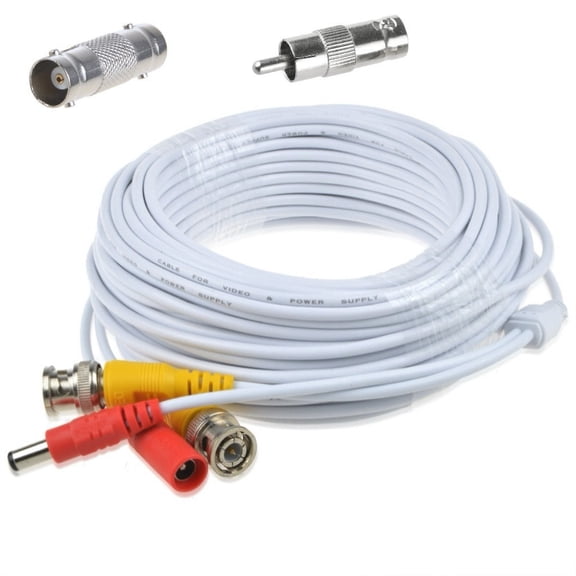49FT BNC Cable Security Camera Wire Cord with BNC Connectors & RCA Adapter White
