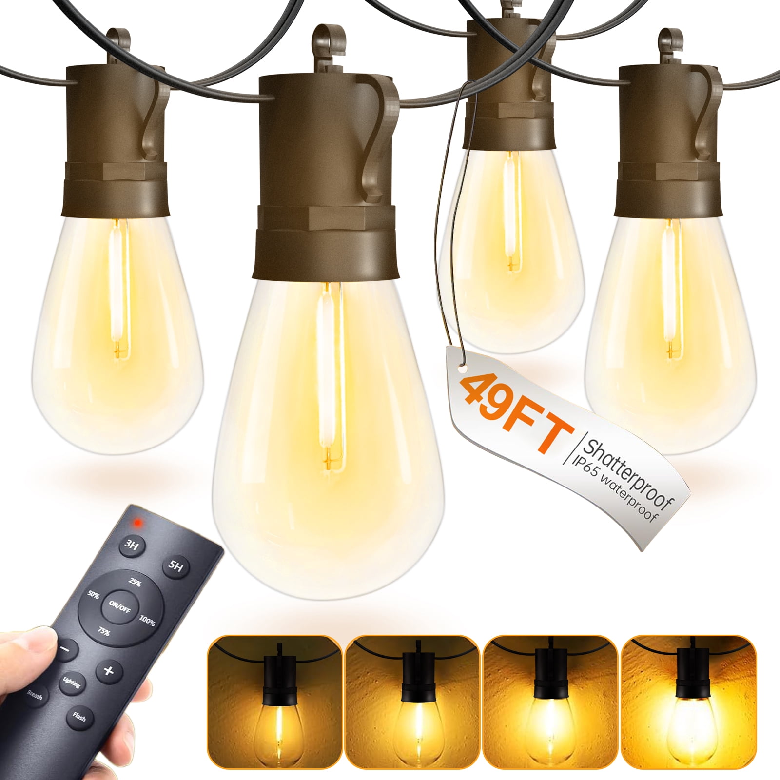 Solar String Lights – 49FT, 25+1 Shatterproof LED Edison Bulbs, Remote Control, Waterproof, USB/Solar Charge, For Patio & Garden