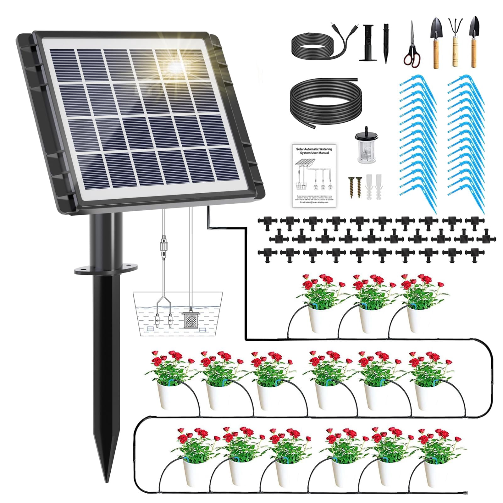 49FT Solar Drip Irrigation System Auto Watering Kit for 15 Pots, Solar-Powered Plant Watering Garden Irrigation System
