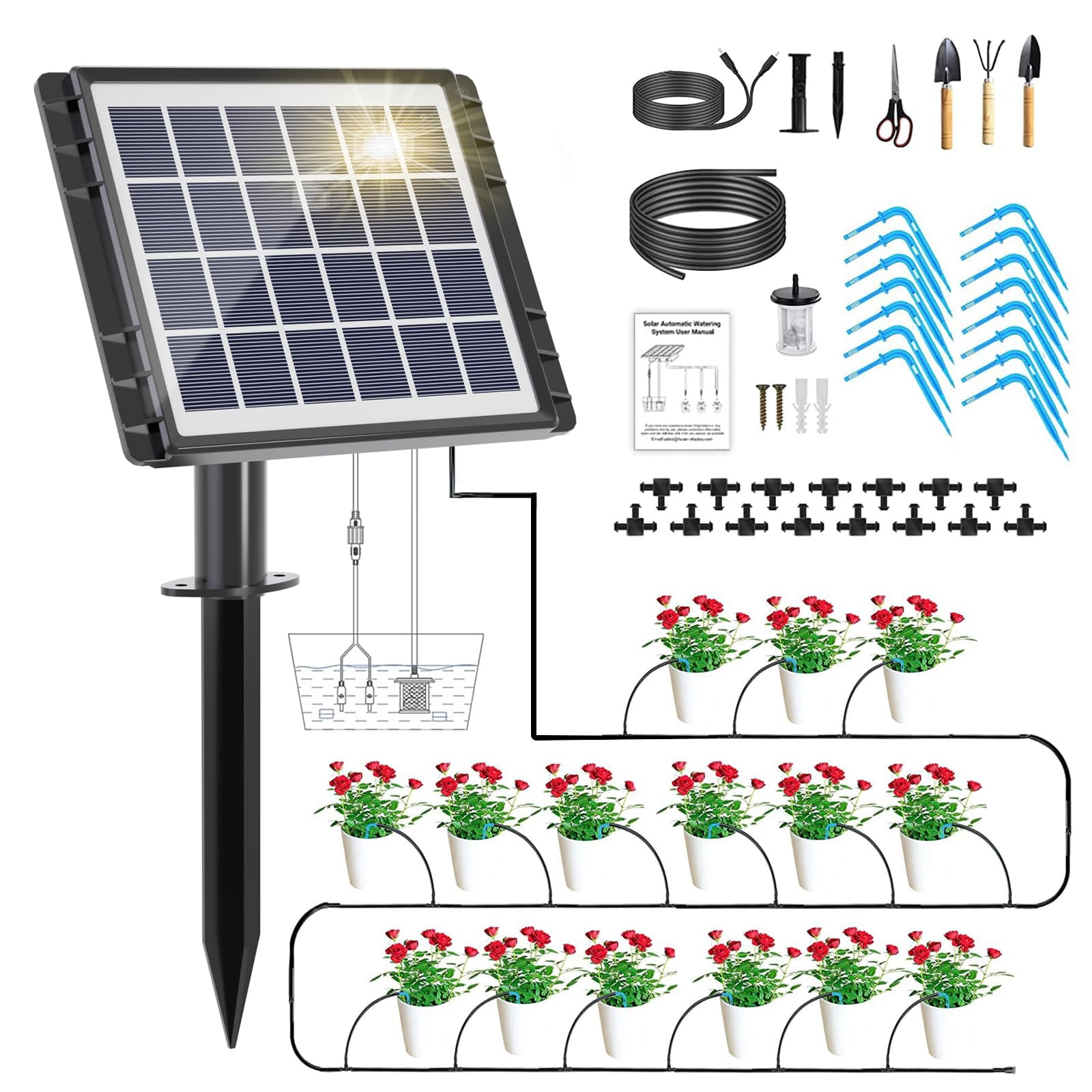 49FT Solar Drip Irrigation System Auto Watering Kit for 15 Pots, Solar-Powered Plant Watering Garden Irrigation System