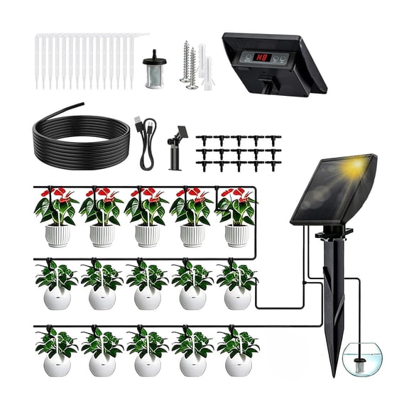 49FT Solar Drip Irrigation System, Automatic Watering Kit for 15 Potted Plants, Auto DIY System Plant Water Devices with Timer Greenhouse Balcony Indoor Outdoor