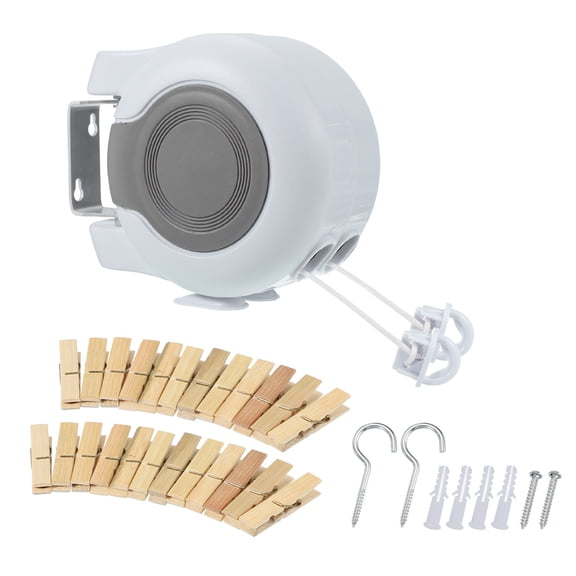 49Ft Heavy Duty Clothes Line Retracting Laundry Line with 24Pcs Clothespins for Wet Dry Clothing, White
