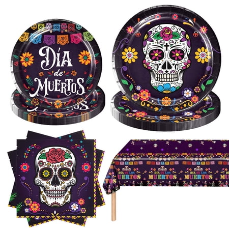 49PCS Day of the Dead Party Supplies Dia De Los Muertos Tablecloth Halloween Sugar Skull Plates and Napkins Tableware Set for Mexican Party Fiesta Halloween Party Decoration Tablecover Decor