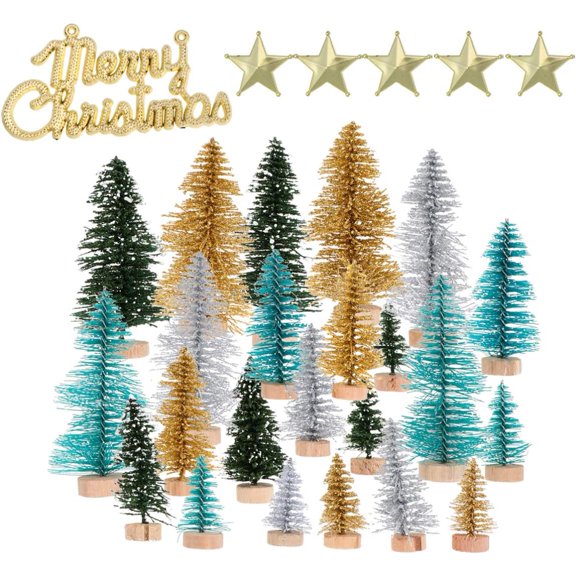 49PCS Mini Christmas Sisal Trees, Desktop Miniature Christmas Tree Pine Tree with Wood Base, Bottle Brush Trees for Winter Snow Miniature Scenes Xmas Tabletop Decor