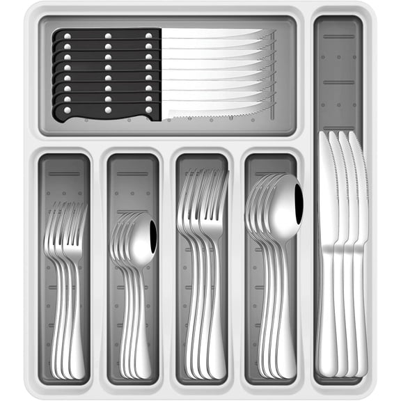 49PCS Silverware Set with Organizer, Stainless Steel Flatware Drawer Cutlery Set for 8, Kitchen Utensils with Steak Knives Mirror Polished Dinner Knife Forks Spoons Tableware Service Tray