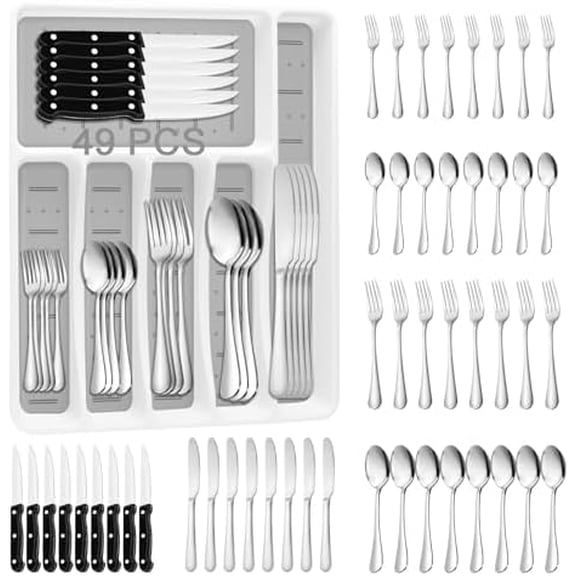 49PCS Silverware Set with Organizer, Stainless Steel Flatware Drawer Cutlery Set for 8, Kitchen Utensils with Steak Knives Mirror Polished Dinner Knife Forks Spoons Tableware Service Tray