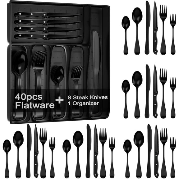 49PCS Silverware Set with Organizer, Stainless Steel Flatware Drawer Cutlery Set for 8, Kitchen Utensils with Steak Knives Mirror Polished Dinner Knife Forks Spoons Tableware Service Tray