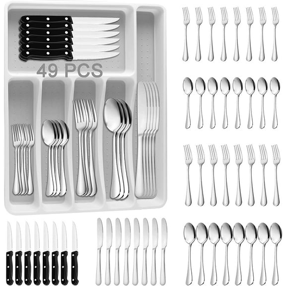 49PCS Silverware Set with Organizer, Stainless Steel Flatware Drawer Cutlery Set for 8, Kitchen Utensils with Steak Knives Mirror Polished Dinner Knife Forks Spoons Tableware Service Tray