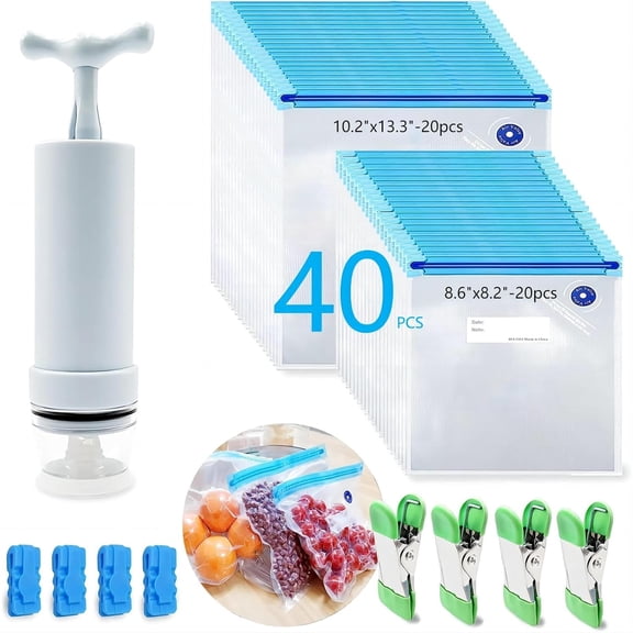 49PCS Sous Vide Vacuum Sealer Set - 40 Reusable Bags, 1 Hand Pump, 8 Clips and Sealing Clips for Anova, Joule Cookers